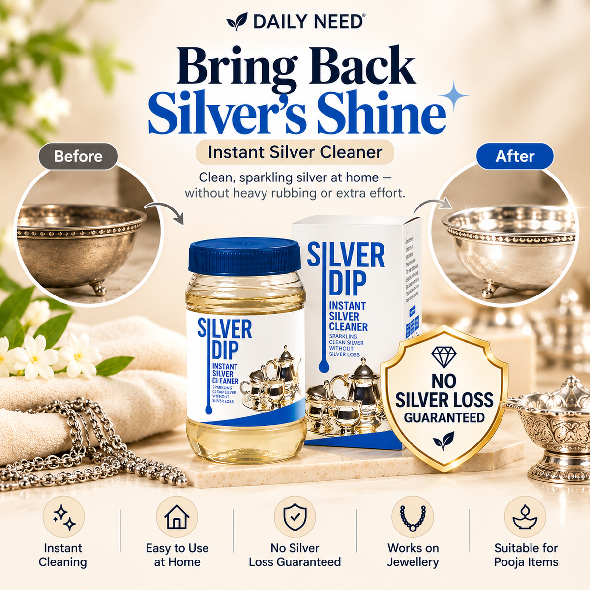 Daily Need Silver Dip instant silver cleaner – before and after, no silver loss guaranteed